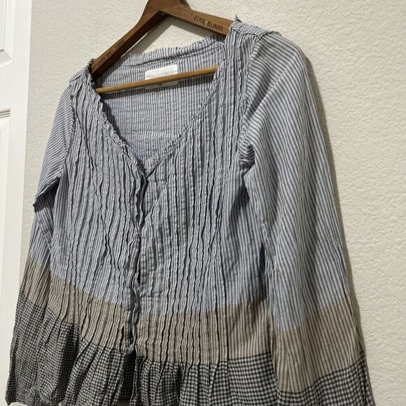 Khadi and Co. Bess Nielsen Blouse Stripe Medium Brown Blue - Picture 2 of 16